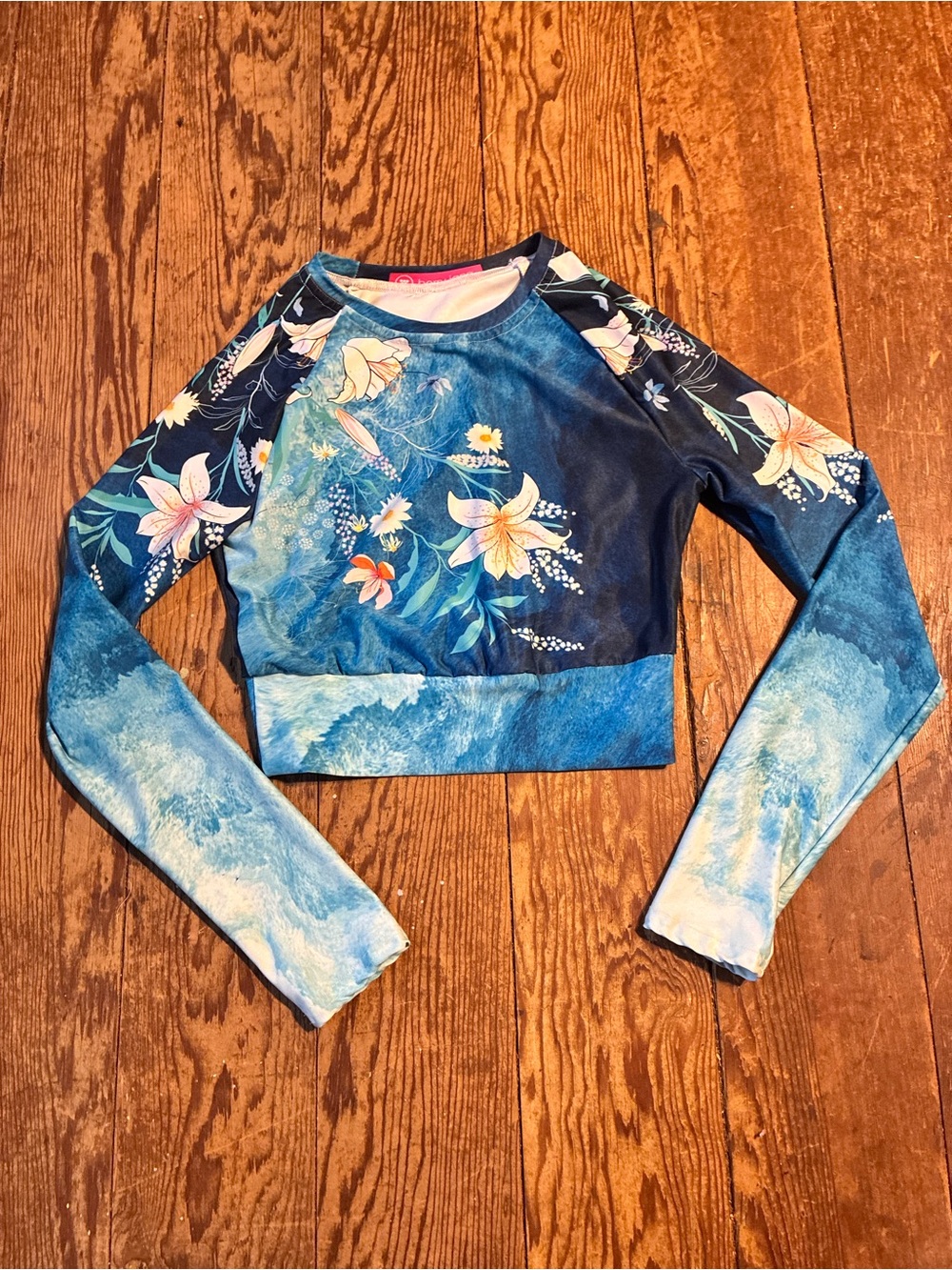 Girls' Floral Blue Long-Sleeve Rashguard Swim Top